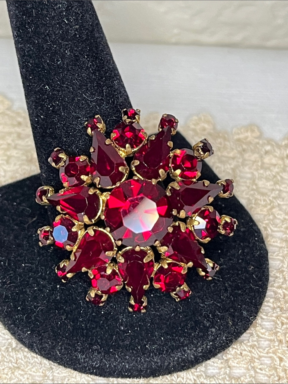 Vintage Austria Ruby Red Rhinestone Brooch High Dome Gold Tone MCM